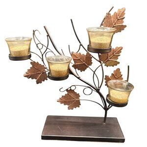 Fall Leaves 14" Metal Tea Light Candle Holder Dining Fireplace Candelabra Decor